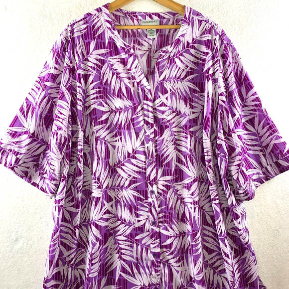 Catherines Womens Button Up Tunic Blouse‎ Sz 2X Purple Tropical Beachy Travel - Picture 2 of 13